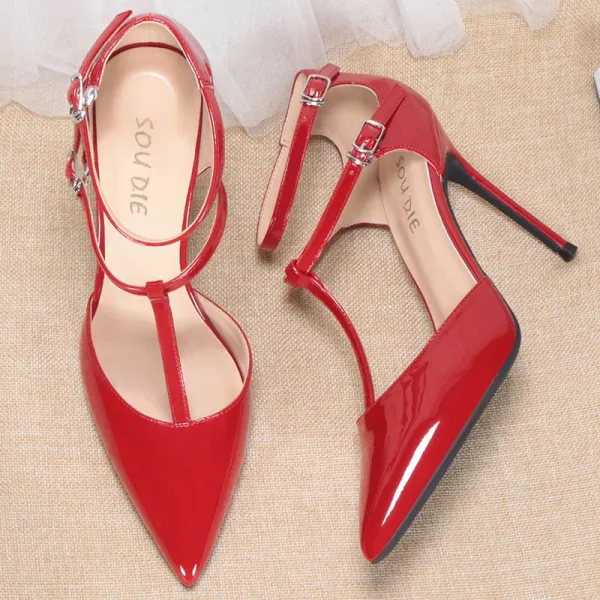 Chic / Beautiful Nude Street Wear Patent Leather Womens Sandals 2020 T-Strap 10 cm Stiletto Heels Pointed Toe Sandals