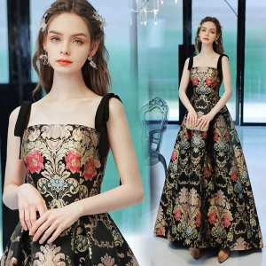 Vintage Retro Black Gold Printing Satin Prom Dresses 2022 A Line Princess Spaghetti Straps Sleeveless Backless Floor Length Long Prom Formal Dresses