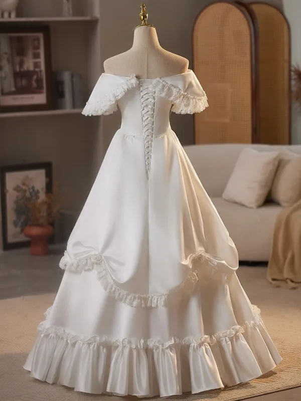 Elegant White Satin Flower Wedding Dresses 2025 A-Line / Princess Off-The-Shoulder Short Sleeve Backless Floor-Length / Long