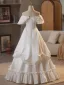Elegant White Satin Flower Wedding Dresses 2025 A-Line / Princess Off-The-Shoulder Short Sleeve Backless Floor-Length / Long