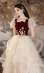 Chic / Beautiful Burgundy Flower Cascading Ruffles Sweet 16 Prom Dresses 2024 A-Line / Princess Square Neckline Puffy Short Sleeve Backless Floor-Length / Long Formal Dresses