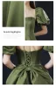 Vintage / Retro Olive Green Prom Dresses 2021 A-Line / Princess Square Neckline Crossed Straps Solid Color Satin Short Sleeve Formal Dresses Sweep Train