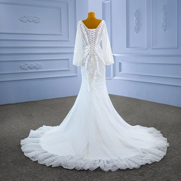 Charmant High End Weiß Perlenstickerei Strass Pailletten Applikationen Brautkleider / Hochzeitskleider 2022 Meerjungfrau Rundhalsausschnitt Lange Ärmel Rückenfreies Lange Hochzeit