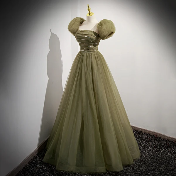 Chic / Beautiful Clover Green Pearl Sequins Prom Dresses 2023 A-Line / Princess Strapless Short Sleeve Backless Bow Floor-Length / Long Prom Formal Dresses