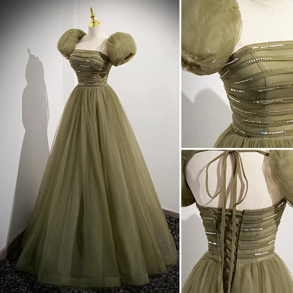 Modest / Simple Clover Green Pearl Sequins Prom Dresses 2022 A-Line / Princess Strapless Short Sleeve Backless Floor-Length / Long Prom Formal Dresses