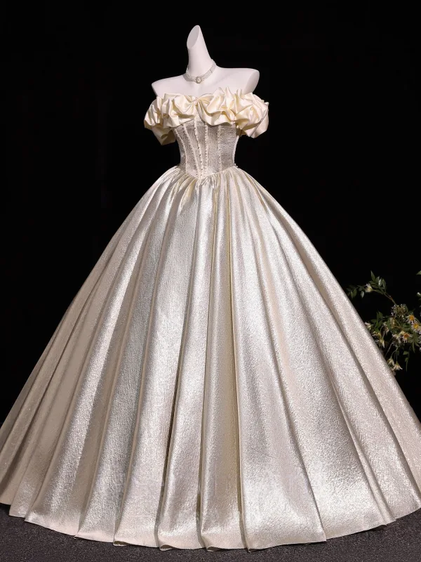 Elegant Prom Dresses Champagne 2026 Ball Gown Ruffle Off-The-Shoulder Short Sleeve Backless Floor-Length / Long Formal Dresses