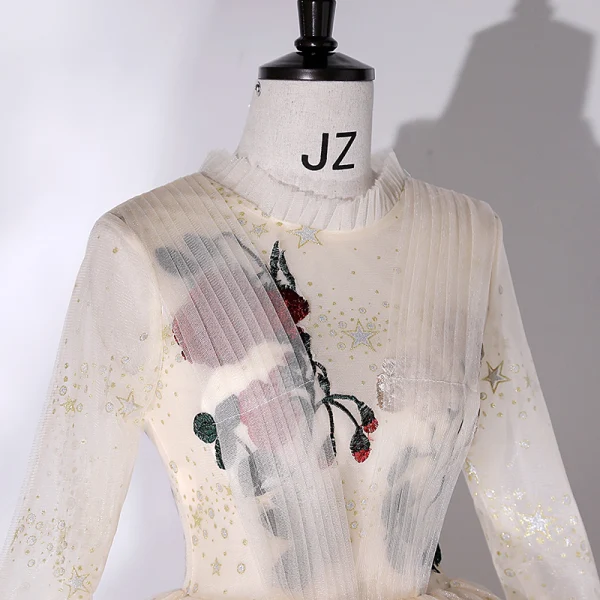 Élégant Champagne Paillettes En Dentelle Fleur Robe De Bal 2022 Robe Boule Col Haut Manches de cloche Longue Robe De Ceremonie