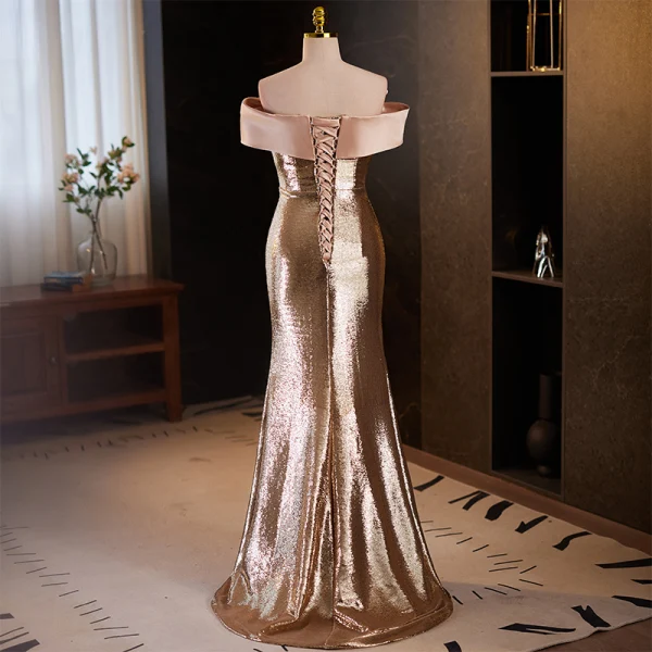 Glitzernden Sexy Gold Pailletten Abendkleider 2023 Meerjungfrau One-Shoulder Schleife Ärmellos Rückenfreies Lange Abend Festliche Kleider