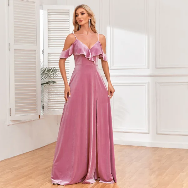 Sexy Pink Samt Gespaltete Front Abendkleider 2024 Meerjungfrau Spaghettiträger Ärmellos Rückenfreies Lange Abend Festliche Kleider