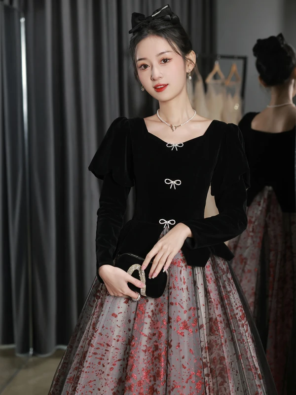Chic / Belle Noire Robe De Bal 2023 Princesse Encolure Carrée Faux Diamant Noeud Manches Longues Dos Nu Longue Promo Robe De Ceremonie