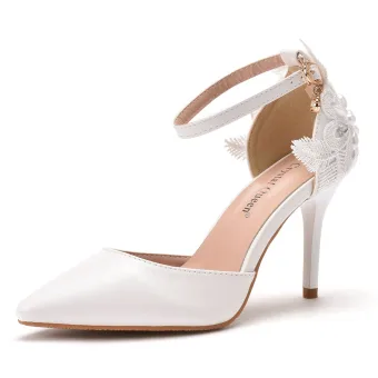 Minimalist White Lace Flower Ankle Strap Wedding Shoes 2025 9 Cm Stiletto Heels Pointed Toe Wedding High Heels