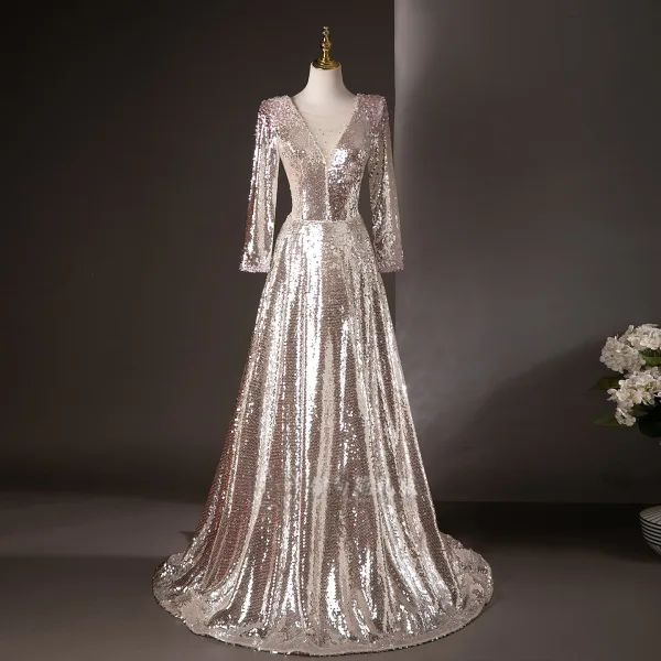 Sparkly Silver Sequins Prom Dresses 2025 Ball Gown V-Neck Long Sleeve Backless Floor-Length / Long Formal Dresses