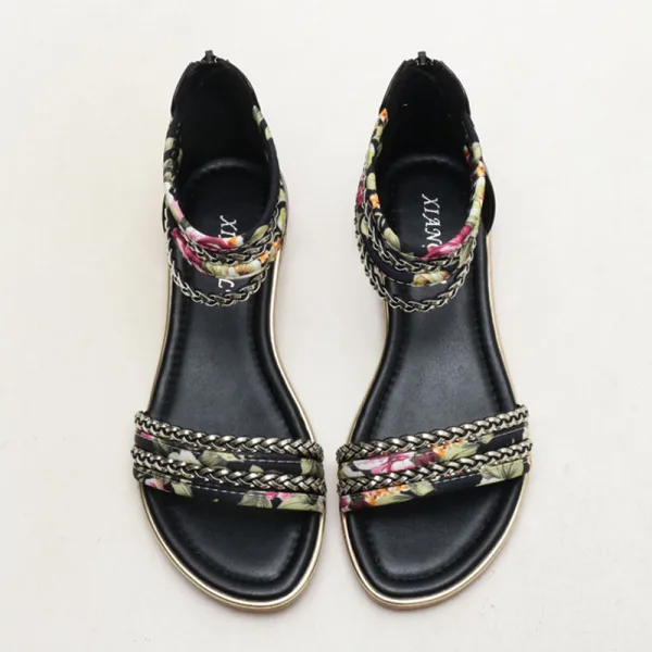 Fashion Black Holiday Beach Flat Womens Sandals 2022 Ankle Strap Open / Peep Toe Sandals