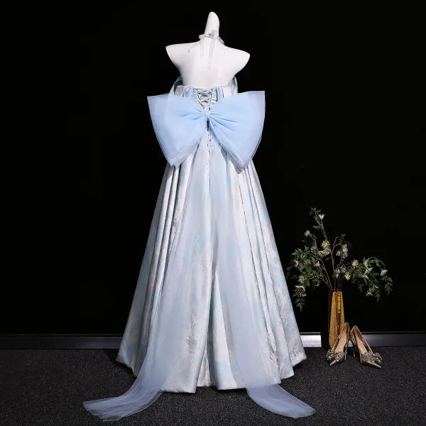 Vintage / Retro Sky Blue Printing Prom Dresses 2026 Ball Gown Off-The-Shoulder Short Sleeve Backless Bow Floor-Length / Long Formal Dresses