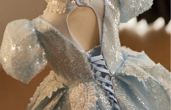 Charming Sparkly Sky Blue Beading Pearl Sequins Flower Girl Dresses 2024 Ball Gown High Neck Short Sleeve Backless Floor-Length / Long Birthday