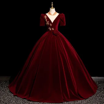 Élégant Bordeaux En Dentelle Fleur Velours Robe De Bal 2025 Robe Boule Encolure Dégagée Manches Courtes Dos Nu Longue Promo Robe De Ceremonie