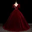 Elegant Burgundy Lace Flower Velvet Prom Dresses 2025 Ball Gown Scoop Neck Short Sleeve Backless Floor-Length / Long Prom Formal Dresses