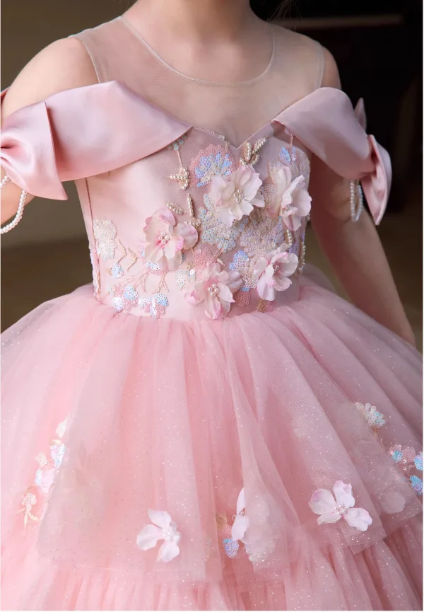 Lovely Blushing Pink Beading Pearl Sequins Appliques Birthday Flower Girl Dresses 2025 Ball Gown Scoop Neck Short Sleeve Backless Floor-Length / Long