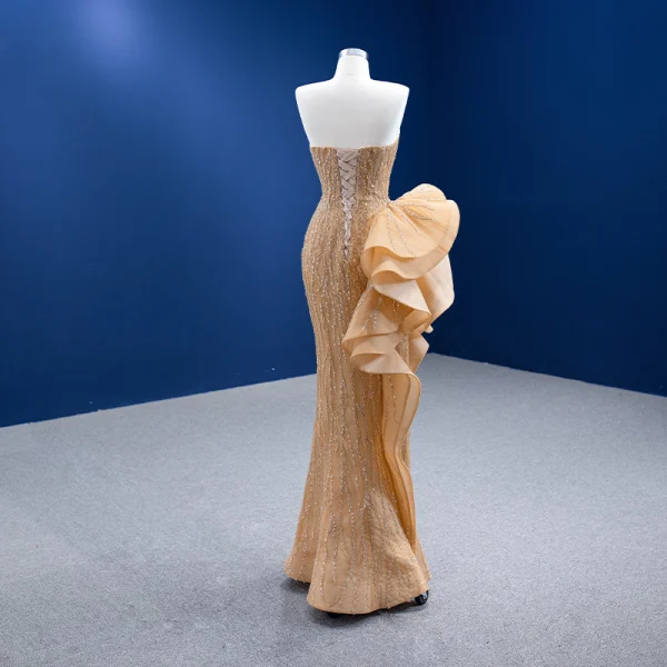 Haut de Gamme Champagne Robe De Soirée 2022 Trompette / Sirène Bustier Perlage Paillettes Sans Manches Dos Nu Longue Soirée Robe De Ceremonie
