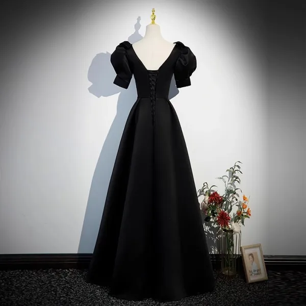 Elegant Black Evening Dresses 2023 A-Line / Princess Square Neckline Bow Puffy Short Sleeve Backless Floor-Length / Long Evening Party Formal Dresses