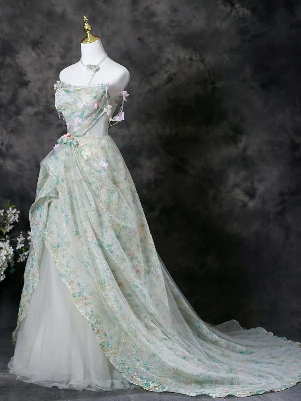 Chic / Belle Vert Cendré Appliques Floral Robe De Bal 2025 Princesse Bustier Sans Manches Dos Nu Train De Balayage Robe De Ceremonie