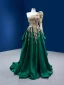 High-end Dark Green Beading Pearl Sequins Lace Flower Prom Dresses 2022 A-Line / Princess Satin One-Shoulder Long Sleeve Backless Sweep Train Prom