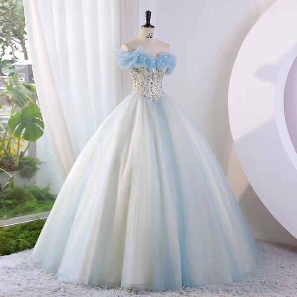 Modern / Fashion Sky Blue Glitter Beading Sequins Prom Dresses 2023 Ball  Gown Strapless Sleeveless Backless Floor-