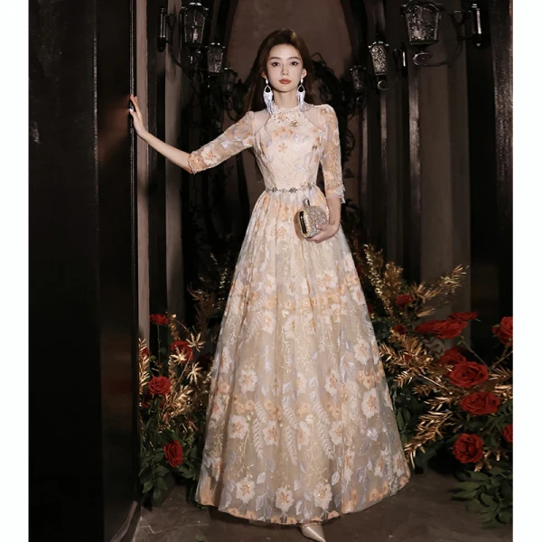 Chic / Beautiful Champagne Sequins Lace Flower Prom Dresses 2024 A-Line / Princess Scoop Neck 3/4 Sleeve Floor-Length / Long Prom Formal Dresses