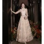 Chic / Beautiful Champagne Sequins Lace Flower Prom Dresses 2024 A-Line / Princess Scoop Neck 3/4 Sleeve Floor-Length / Long Prom Formal Dresses