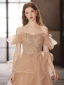 Charmant Champagne Perlage Paillettes Volants en Cascade Robe De Soirée 2023 Princesse De l'épaule Sans Manches Dos Nu Longue Soirée Robe De Ceremonie