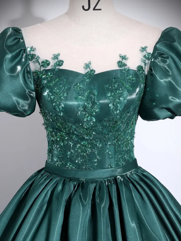 Vintage / Retro Dark Green Sequins Lace Flower Satin Prom Dresses 2025 Ball Gown Scoop Neck Short Sleeve Backless Floor-Length / Long Formal Dresses