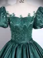 Vintage / Retro Dark Green Sequins Lace Flower Satin Prom Dresses 2025 Ball Gown Scoop Neck Short Sleeve Backless Floor-Length / Long Formal Dresses