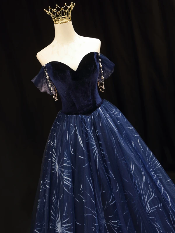 Mode Marineblau Glanz Wildleder Ballkleider 2022 A Linie Off Shoulder Perle Kurze Ärmel Rückenfreies Lange Festliche Kleider