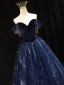 Mode Marineblau Glanz Wildleder Ballkleider 2022 A Linie Off Shoulder Perle Kurze Ärmel Rückenfreies Lange Festliche Kleider