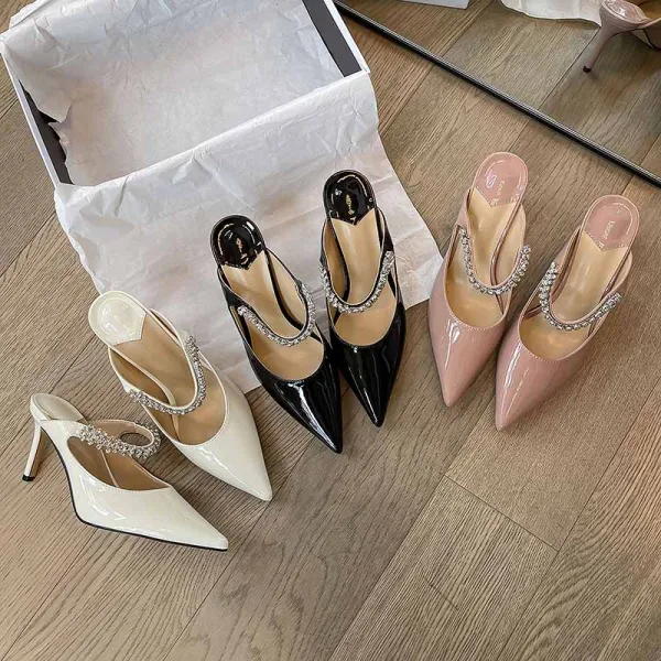 Charming Beige Rhinestone Evening Party Womens Sandals 2022 8 cm Stiletto Heels Pointed Toe Sandals High Heels