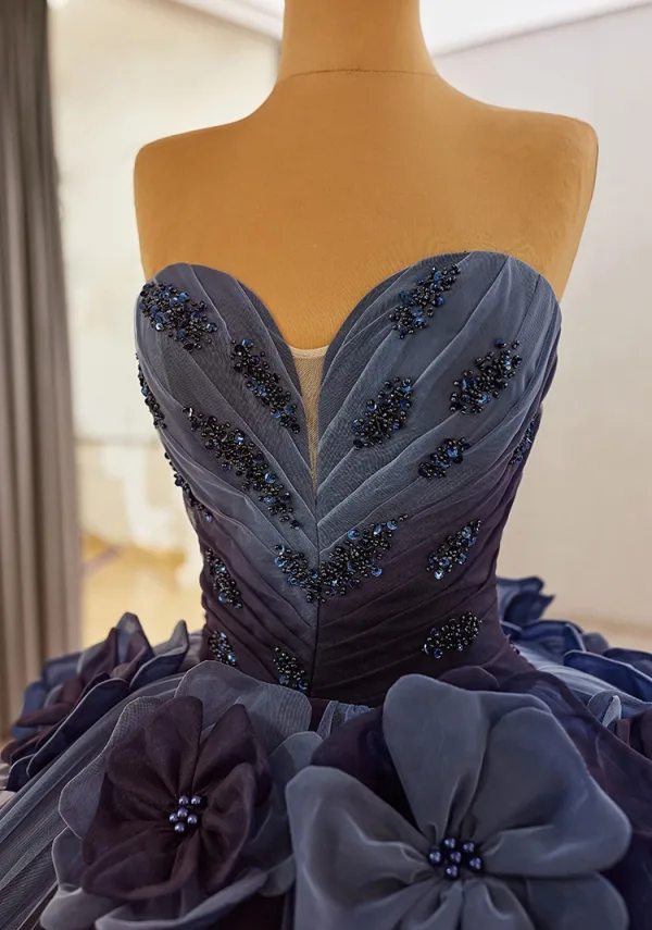 Luxury / Gorgeous High-end Navy Blue Beading Pearl Sequins Appliques Prom Dresses 2025 Ball Gown Sleeveless Backless Strapless Chapel Train Prom
