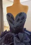 Luxury / Gorgeous High-end Navy Blue Beading Pearl Sequins Appliques Prom Dresses 2025 Ball Gown Sleeveless Backless Strapless Chapel Train Prom