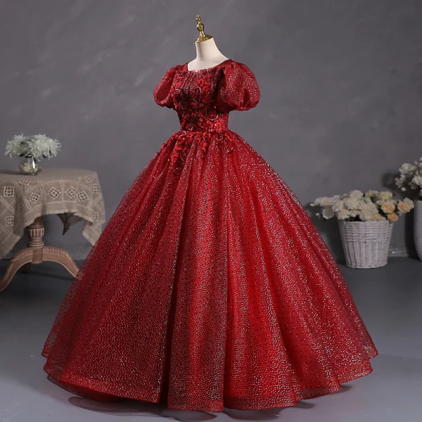 Bling Bling Burgundy Sequins Lace Flower Prom Dresses 2023 Square Neckline Puffy Short Sleeve Backless Floor-Length / Long Prom Formal Dresses