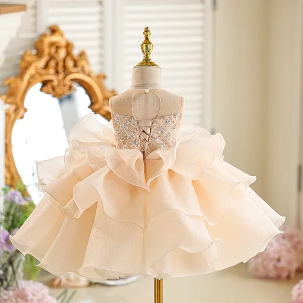 Voluminous Champagne Beading Sequins Cascading Ruffles Birthday Short Flower Girl Dresses 2026 Ball Gown Scoop Neck Sleeveless Backless