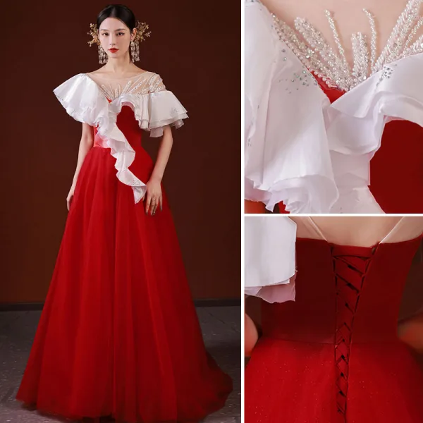 High-end Chinese style Red Prom Dresses 2022 A-Line / Princess Scoop Neck Beading Pearl Rhinestone Short Sleeve Backless Sweep Train Formal Dresses