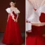 High-end Chinese style Red Prom Dresses 2022 A-Line / Princess Scoop Neck Beading Pearl Rhinestone Short Sleeve Backless Sweep Train Formal Dresses