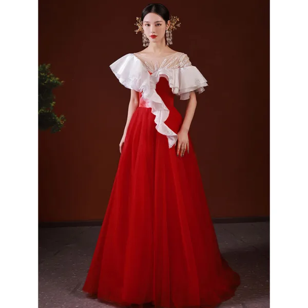High-end Chinese style Red Prom Dresses 2022 A-Line / Princess Scoop Neck Beading Pearl Rhinestone Short Sleeve Backless Sweep Train Formal Dresses