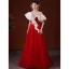 High-end Chinese style Red Prom Dresses 2022 A-Line / Princess Scoop Neck Beading Pearl Rhinestone Short Sleeve Backless Sweep Train Formal Dresses
