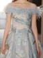 Fashion Sky Blue Feather Prom Dresses 2023 A-Line / Princess Off-The-Shoulder Short Sleeve Backless Floor-Length / Long Prom Formal Dresses