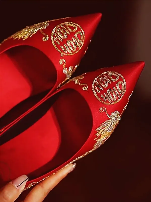 Chinese style Red Embroidered Leather Wedding Shoes 2026 6 cm Stiletto Heels Pointed Toe Wedding High Heels