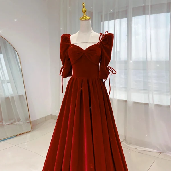 Audrey Hepburn Style Black Velvet Winter Prom Dresses 2024 A-Line / Princess Square Neckline Short Sleeve Backless Floor-Length / Long Prom Formal Dresses