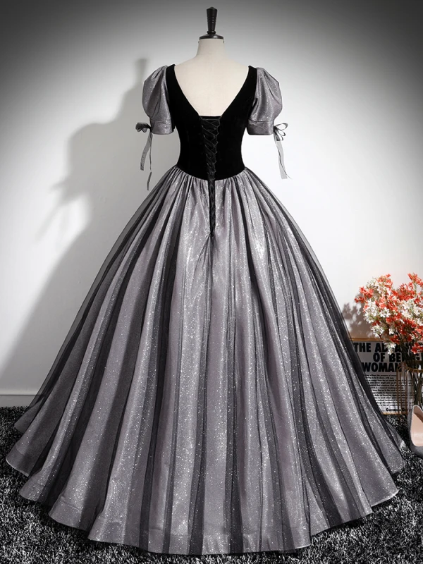 Elegant Black Appliques Glitter Prom Dresses 2024 Ball Gown Square Neckline Short Sleeve Backless Floor-Length / Long Prom Formal Dresses