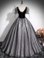Elegant Black Appliques Glitter Prom Dresses 2024 Ball Gown Square Neckline Short Sleeve Backless Floor-Length / Long Prom Formal Dresses