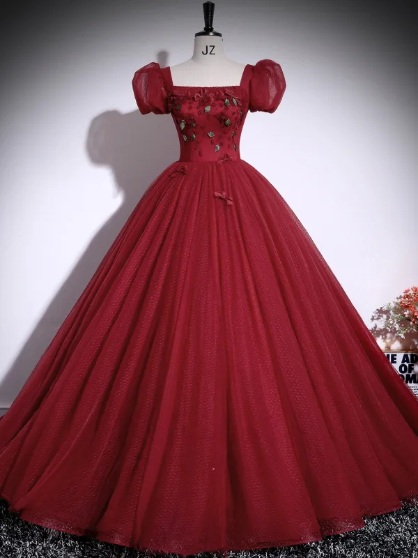 Modest / Simple Burgundy Appliques Prom Dresses 2025 Ball Gown Square Neckline Puffy Short Sleeve Backless Floor-Length / Long Formal Dresses