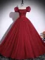 Modest / Simple Burgundy Appliques Prom Dresses 2025 Ball Gown Square Neckline Puffy Short Sleeve Backless Floor-Length / Long Formal Dresses